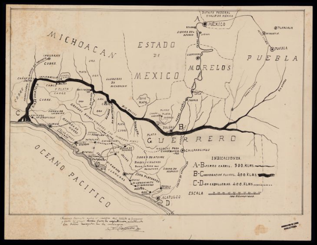 Ein altes Mexico-Karte mit schwarzem Rand, das den Weg der Mexikanischen Revolution zeigt, gefüllt mit detailliertem Text.