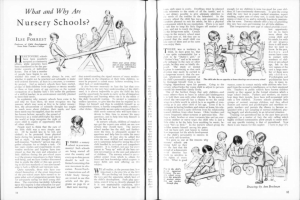 Ein aufgeschlagenes Buch mit einer Zeichnung von Kindern, die in einem Kindergarten spielen, sowie begleitendem Text und einer Tabelle mit verschiedenen Gegenständen.