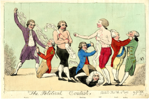 Eine politische Karikatur, die eine Gruppe von Menschen in verschiedenenfarbigen Kleidern zeigt, wobei eine Person in der Mitte auf dem Boden liegt, und der Text "Der politische Wettbewerb" unten.