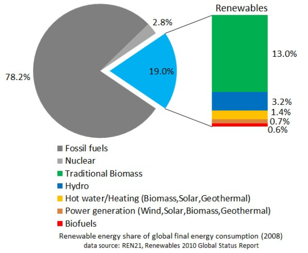 Tortendiagramm zur globalen Nutzung erneuerbarer Energien im Jahr 2008, aufgeschlüsselt nach Quellen wie fossile Brennstoffe, Kernenergie, Wasserkraft, Warmwasser, Heizung, Biomasse, Solarenergie, Geothermie und Biokraftstoffe.