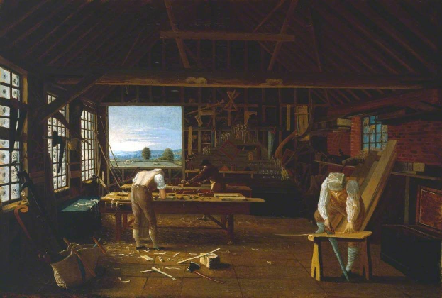 Gemälde mit dem Titel "Die Schreinerwerkstatt" von William Hogarth, das zwei Männer bei der Arbeit in einer Werkstatt zeigt, mit einem Tisch voller Werkzeuge und anderen Gegenständen in der Mitte des Raumes, Fenstern auf der linken und rechten Seite und einem Hintergrund aus Bäumen, Bergen und Himmel.