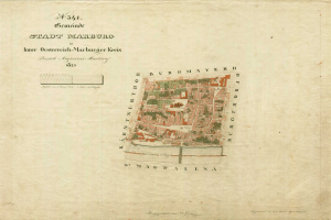 Ein detaillierter alter Stadtplan von Marburg, der Straßen, Gebäude, Sehenswürdigkeiten und begleitenden Text mit Informationen zur Bevölkerung, Sehenswürdigkeiten und Straßen zeigt.
