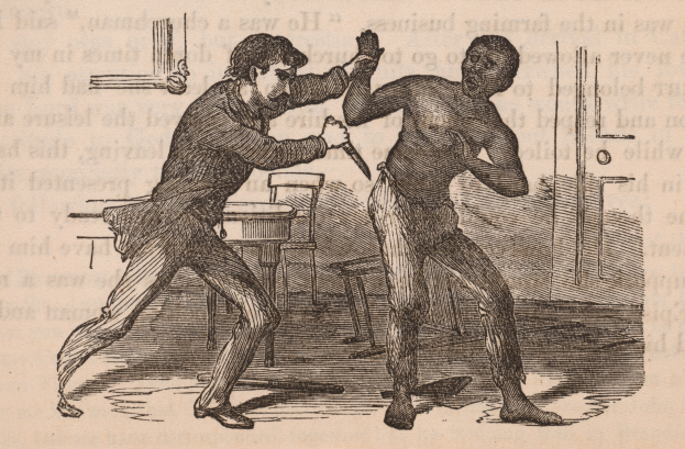 Zwei Männer kämpfen, einer hält ein Messer, mit Stühlen und einem Tisch im Hintergrund und Text am unteren Rand des Bildes.