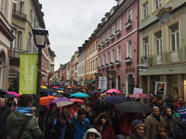 Gro├če Gruppe von Menschen, die mit Schirmen und Schildern auf der Stra├če unterwegs sind, bei einer Klimademonstration in Deutschland, mit Geb├Ąuden und einer Laterne im Hintergrund.