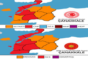 Eine Karte von Türkei, die in verschiedenen Farben die prozentuale Bevölkerung in jedem Gebiet zeigt, mit dem Text "Canakkale Wahlresultate 2018".