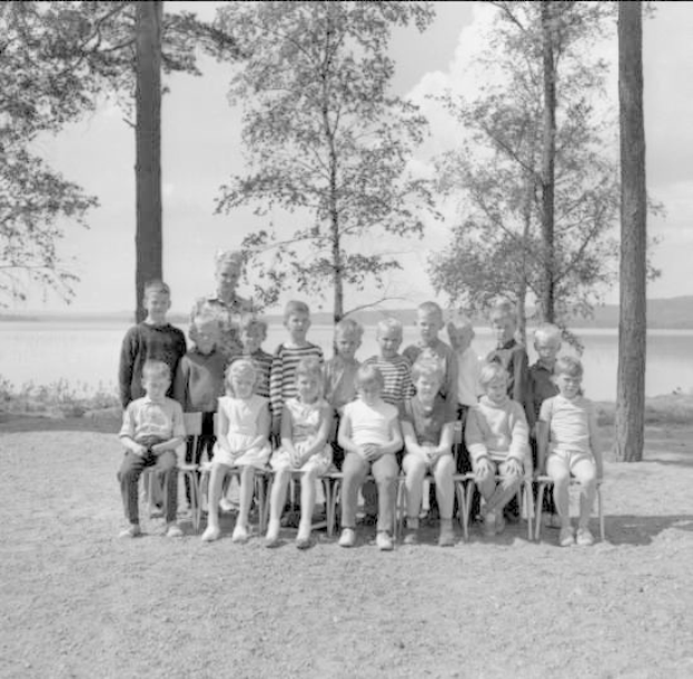 Schwarz-weiß-Foto einer Gruppe von Kindern, die auf Stühlen sitzen und vor einem See stehen, mit Bäumen, Pflanzen, Hügeln und einem bewölkten Himmel im Hintergrund, beschriftet mit "1940er Kinder am See."