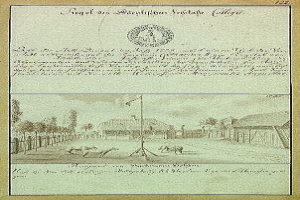 Schwarz-weiß-Kopie des ersten Entwurfs der deutschen Verfassung mit einer handgezeichneten Straßenszene mit Fahnenmast, Gebäuden, Bäumen und Himmel.