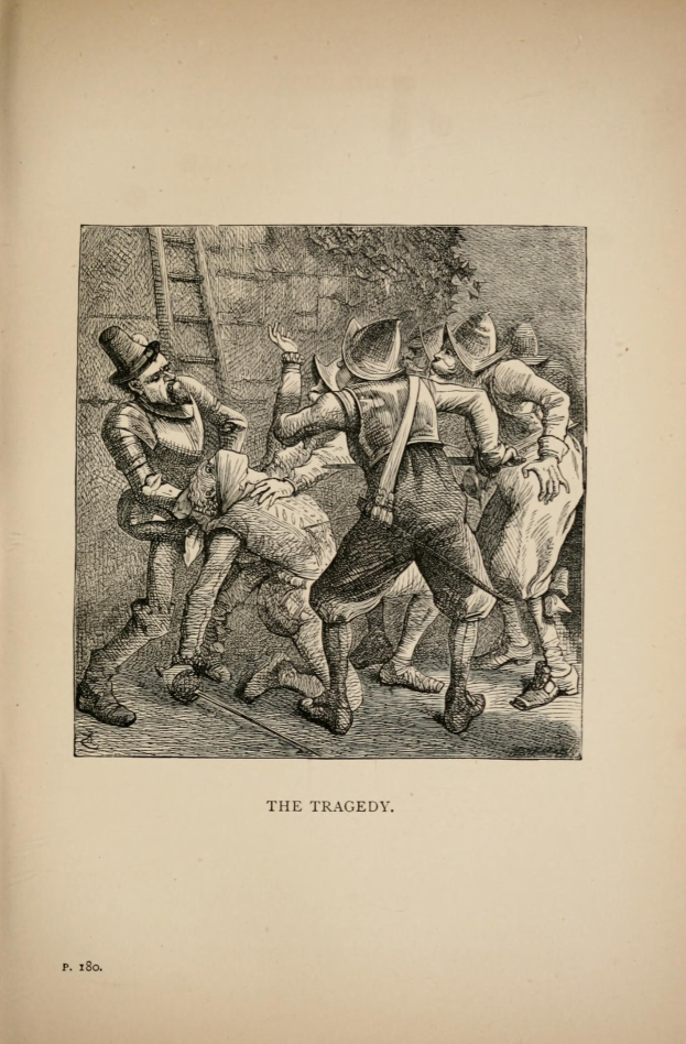 Offenes Buch mit einer Skizze von bedürftigen Menschen unter dem Titel 'Die Tragödie'.