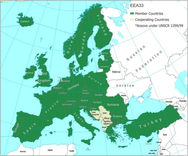Eine detaillierte Karte von Europa, die die Mitgliedstaaten der Europäischen Union mit Ländernamen, Grenzen, größeren Städten, Flüssen und geografischen Merkmalen hervorhebt.