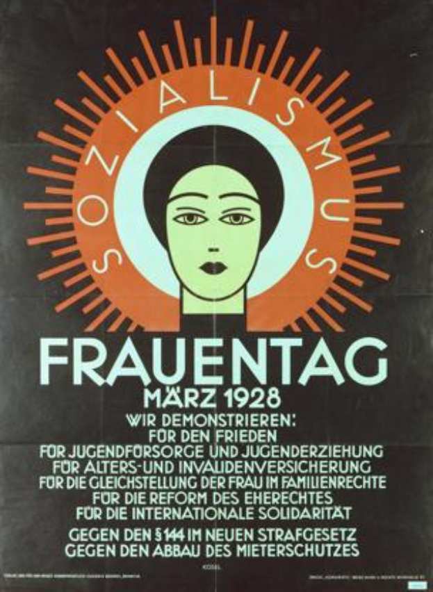 Ein Plakat für die Internationale Solidaritätsbewegung von 1928, das das Gesicht einer Frau mit den Worten "Frauentag" in fetter, schwarzer Schrift zeigt.