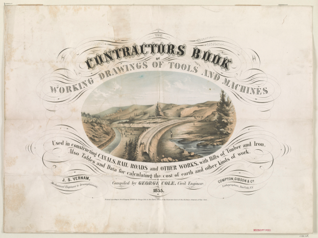 Ein altes Buch mit einem Coverbild eines Zuges, umgeben von Hügeln, Bäumen und einem Gewässer; der Text lautet "Das Handwerkerbuch: Arbeitszeichnungen von Werkzeugen und Maschinen".