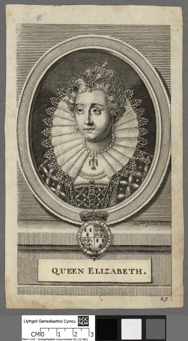 Porträt der Queen Elizabeth I. von England in königlicher Kleidung mit einer Krone und Tiara, ihr Haar zu einem Dutt gebunden, vor einem grauen Hintergrund mit Text unten.
