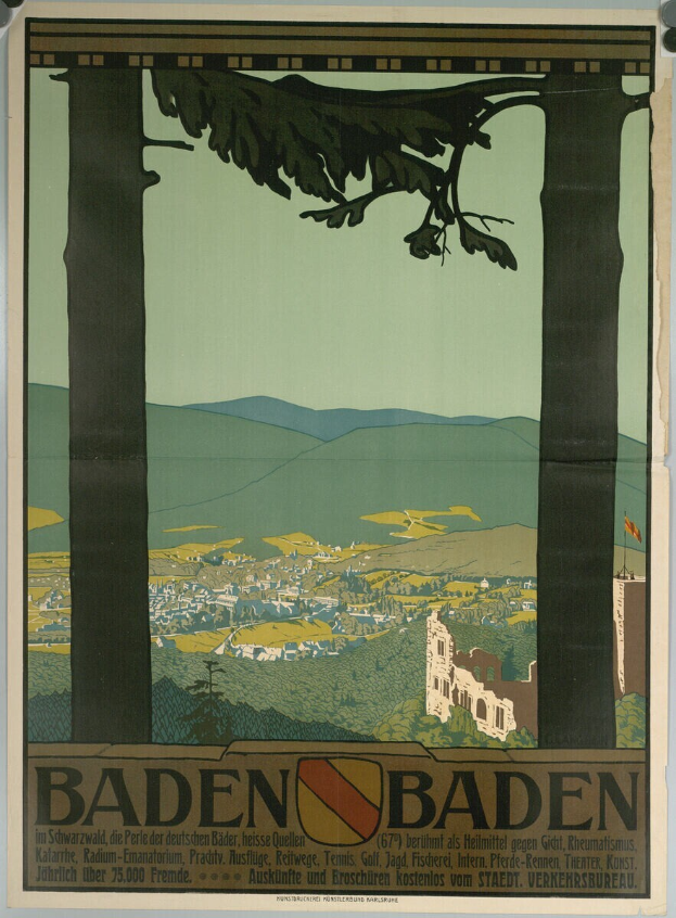 Ein Plakat an einer Gebäudewand in Baden-Württemberg, Deutschland, das eine Landschaft mit sanften Hügeln, grünen Bäumen und einem blauen Himmel zeigt, mit der Aufschrift "Baden Baden".