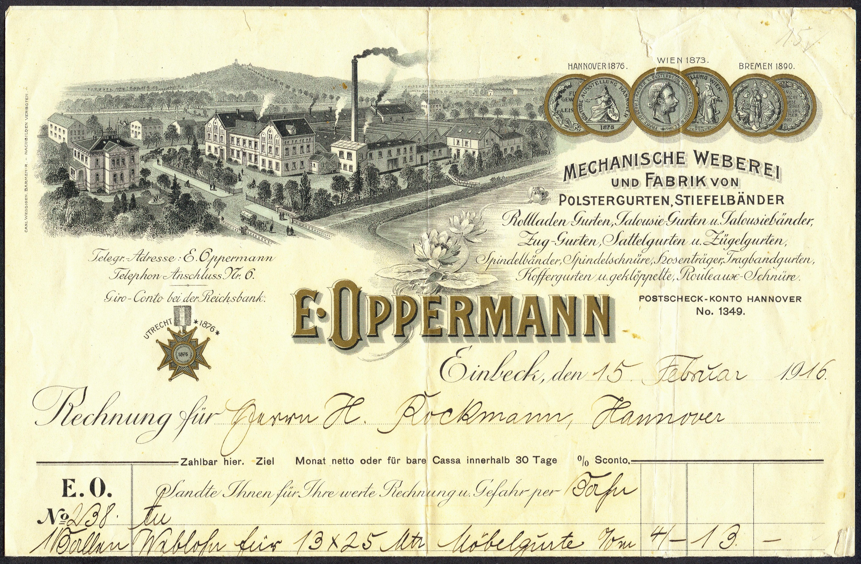 Alte deutsche Banknote mit einer Fabrik-Illustration, Text, Zahlen und Bilder von Gebäuden, Bäumen und Rauch.