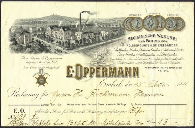 Alte deutsche Banknote mit einer Fabrik-Illustration, Text, Zahlen und Bilder von Gebäuden, Bäumen und Rauch.