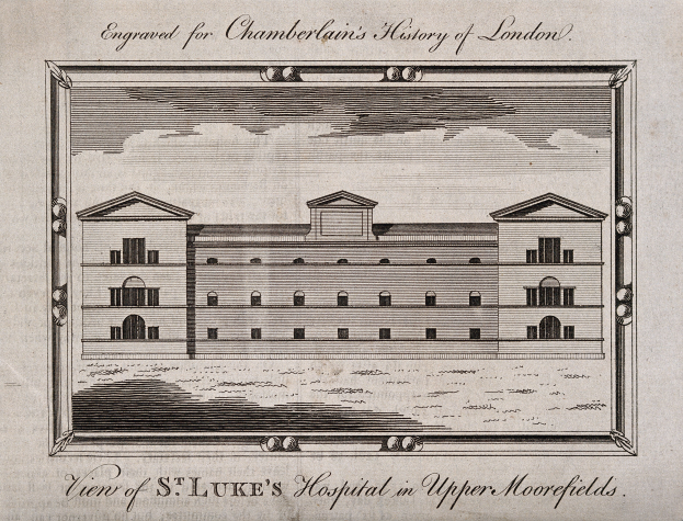 Eine Zeichnung des St. Luke-Krankenhauses in Upper Moorefields, umgeben von einem Bilderrahmen, mit Text und Zahlen auf dem Papier.