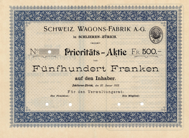 Altes deutsches Aktienzertifikat mit blauem Rand, das den Text "Schweiz Wagons-Fabrik A.G." trägt