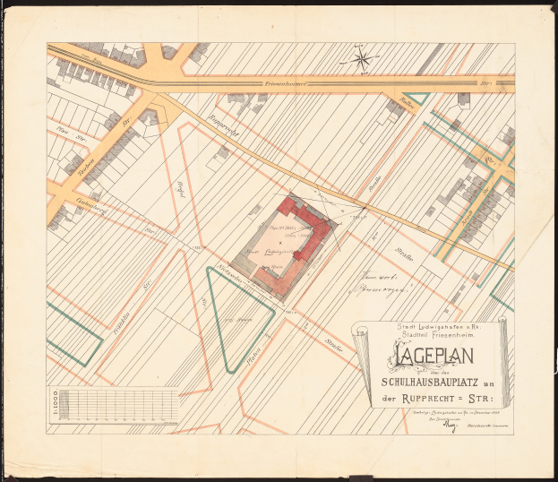 Ein detaillierter alter Lageplan von Lageplan, Deutschland, mit Straßen, Gebäuden und Sehenswürdigkeiten, umgeben von einem schwarzen Rand.