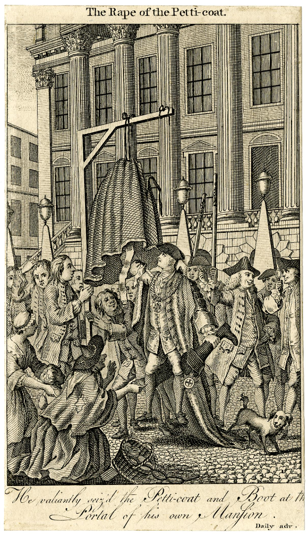 Ein Plakat, das eine Gruppe von Menschen in Not zeigt, einen Hund, der zu ihnen aufschaut, und ein großes Gebäude mit Fenstern, mit der Aufschrift "Die Vergewaltigung des Petit-Coat" unten.