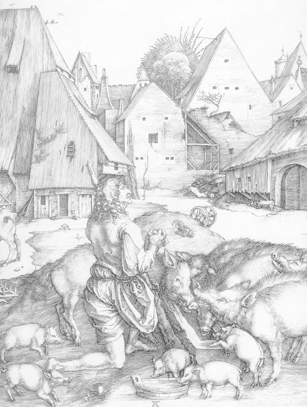 Eine 17. Jahrhundert Schwarz-Weiß-Radierung von Albrecht Dürer, die einen Mann zeigt, der einer Gruppe von Schweinen in einem Dorf Futter gibt, mit Häusern, Bäumen und einem Wagen im Hintergrund.