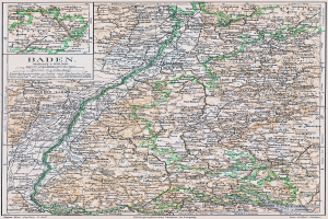 Ein altes Kartenbild von Baden-Württemberg, Deutschland, das Straßen, Städte und geografische Merkmale zeigt, mit Text oben und unten.
