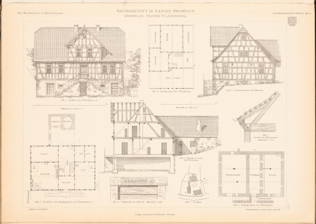 Ein altes Buch mit einer Zeichnung eines Hauses auf dem Cover, das detaillierte Pläne und Text über das Haus enthält.