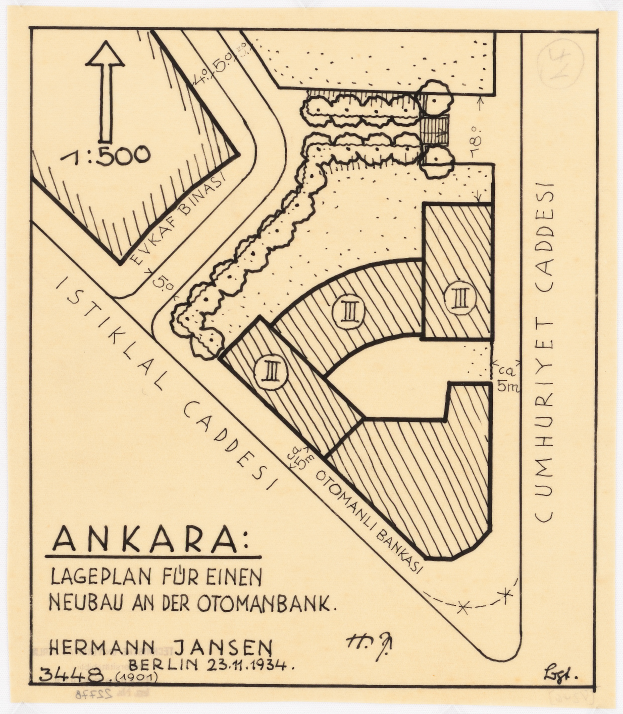 Ein detaillierter Stadtplan von Ankara, Türkei, mit einer Zeichnung eines Gebäudes auf einem Stück Papier, einschließlich Text über die Bevölkerung, Lage und Geschichte der Stadt.