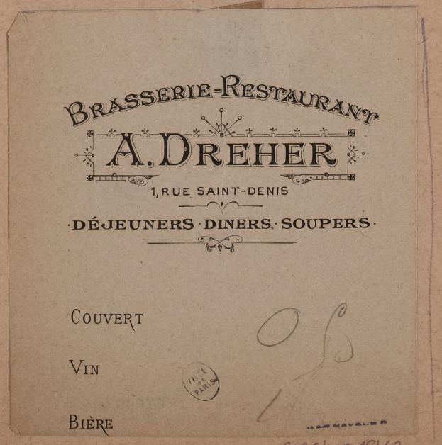 Ein altes Buch mit einer Zeichnung eines Brasserie-Restaurants und Text, der seine Angebote beschreibt.