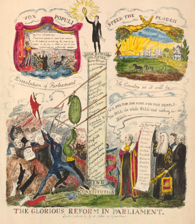 Eine farbenfrohe Papierillustration mit der Überschrift "prächtige Reform im Parlament", die mutige Schrift und diverse, lächelnde Menschen zeigt und Hoffnung und Fortschritt symbolisiert.