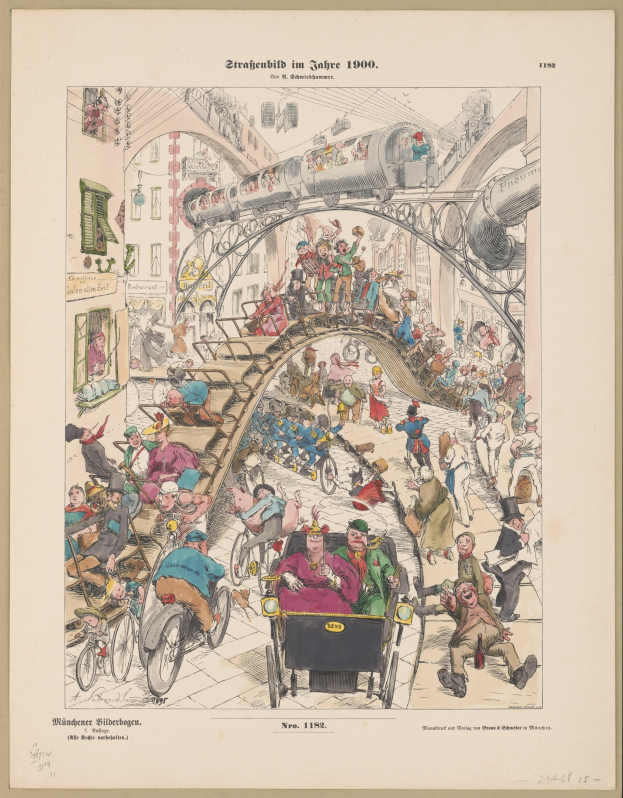 Schwarz-weiß-Illustration einer überfüllten Bahnstation im Jahr 1900, eingerahmt von einem Foto, mit Menschen, die Zeichen von Unbehagen zeigen.