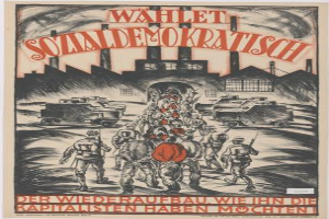 Eine Gruppe von Menschen und Fahrzeugen im Vordergrund mit einem Gebäude im Hintergrund auf einem deutschen Propagandaplakat für die Nazi-Partei der Sowjetunion mit der Aufschrift "Wahlet Sozialdemokratisch - der Wiederaufbau wie die Kapitalisten haben wollten".