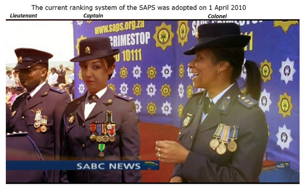 Gruppe von Menschen in Uniformen und Hüten vor einem Banner mit dem Text "Das aktuelle Ranglistensystem der SAP wurde am 1. April 2010 eingeführt" oben und unten im Bild.