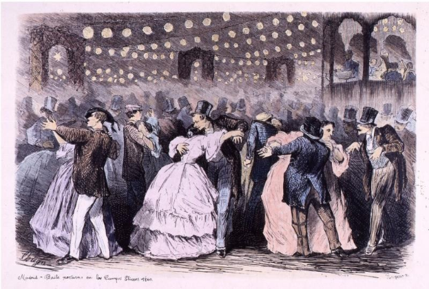 Eine Gruppe von Menschen, die in einem Ballsaal tanzen, mit Text am unteren Rand: "Madame Baille Nacional en la Campagne Bleuet, 1860".
