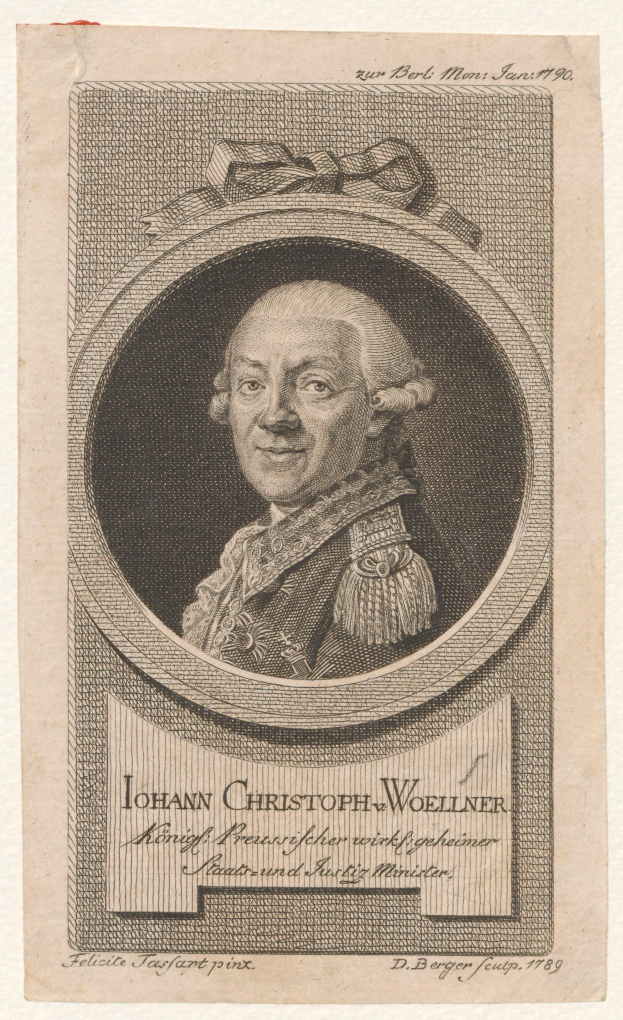 Porträt von Johann Christopher Woellner, ein Mann im Anzug und mit Krawatte mit ernstem Gesichtsausdruck, der konzentriert in die Ferne schaut.
