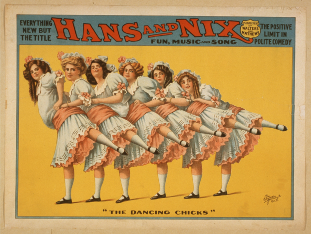 Plakat mit vier tanzenden Frauen in bunten Kleidern mit der Aufschrift "Hans und Nix - Die tanzenden Chicks" oben drauf, alle strahlend.