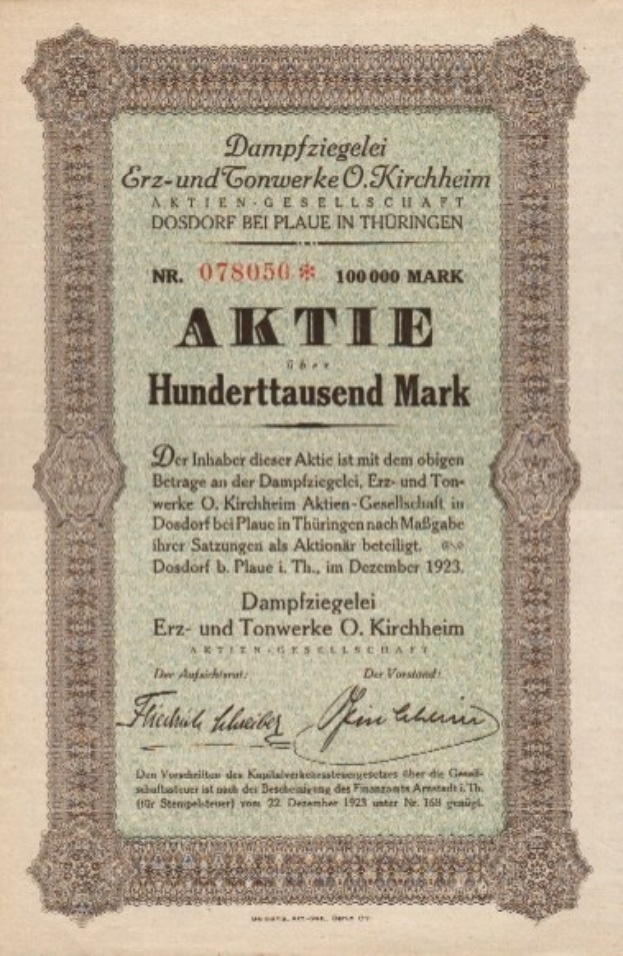 Altes deutsches Aktienzertifikat mit Porträt eines Mannes und gedrucktem Text, das wahrscheinlich den Ursprung der Aktie beschreibt.