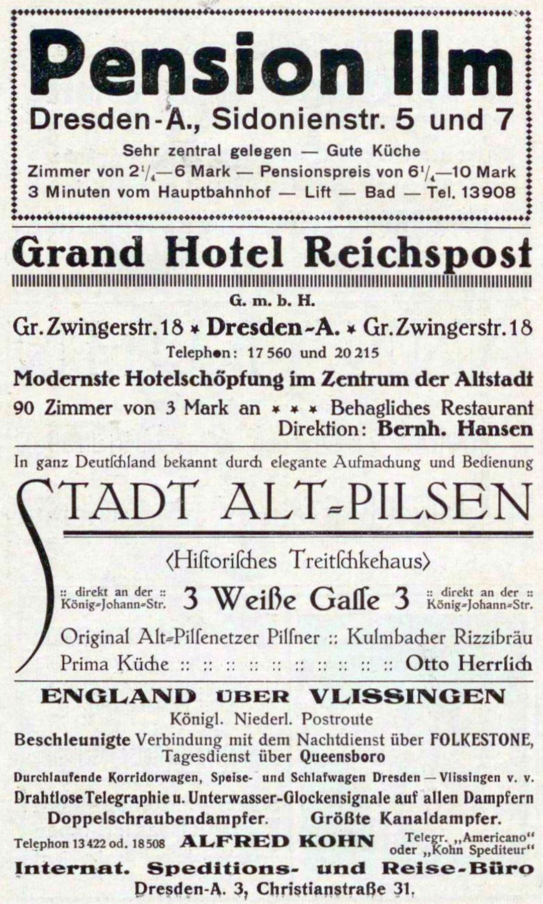 Schwarzer Text auf weißem Hintergrund Werbung für das Pensionshaus in Dresden, Deutschland.