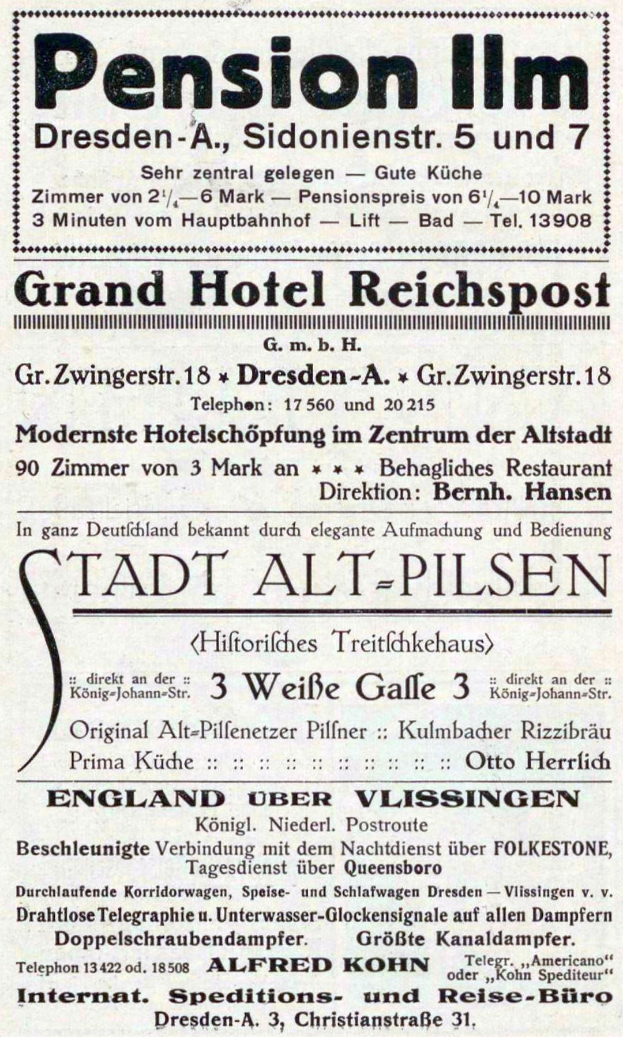 Schwarzer Text auf weißem Hintergrund Werbung für das Pensionshaus in Dresden, Deutschland.