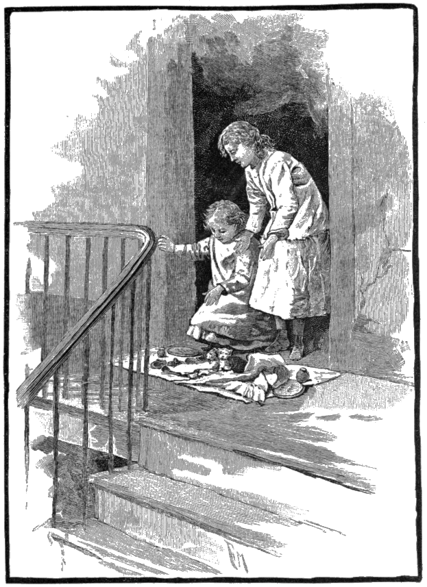 Eine Frau und ein Kind stehen auf den Stufen eines Hauses mit einem Geländer auf der linken Seite und einer Wand im Hintergrund in einer schwarz-weißen viktorianischen Illustration.