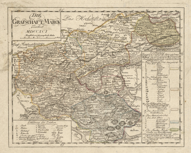 Ein detaillierter alter Stadtplan von München, Deutschland, mit Straßen, Parks, Flüssen und Sehenswürdigkeiten, umgeben von einem dekorativen blauen, grünen und gelben Rahmen.