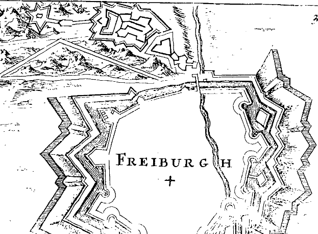 Eine detaillierte Schwarz-Weiß-Karte von Freiburg, Deutschland, mit Straßen, Gebäuden und Sehenswürdigkeiten, mit Textbeschriftungen.