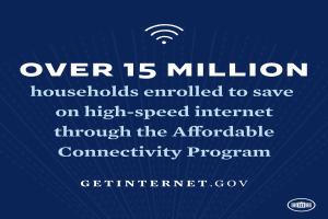 Ein Plakat, das das Affordable Connectivity Program bewirbt und den Text "Über 15 Millionen Haushalte angemeldet, um bei High-Speed-Internet zu sparen" und ein entsprechendes Logo enthält.
