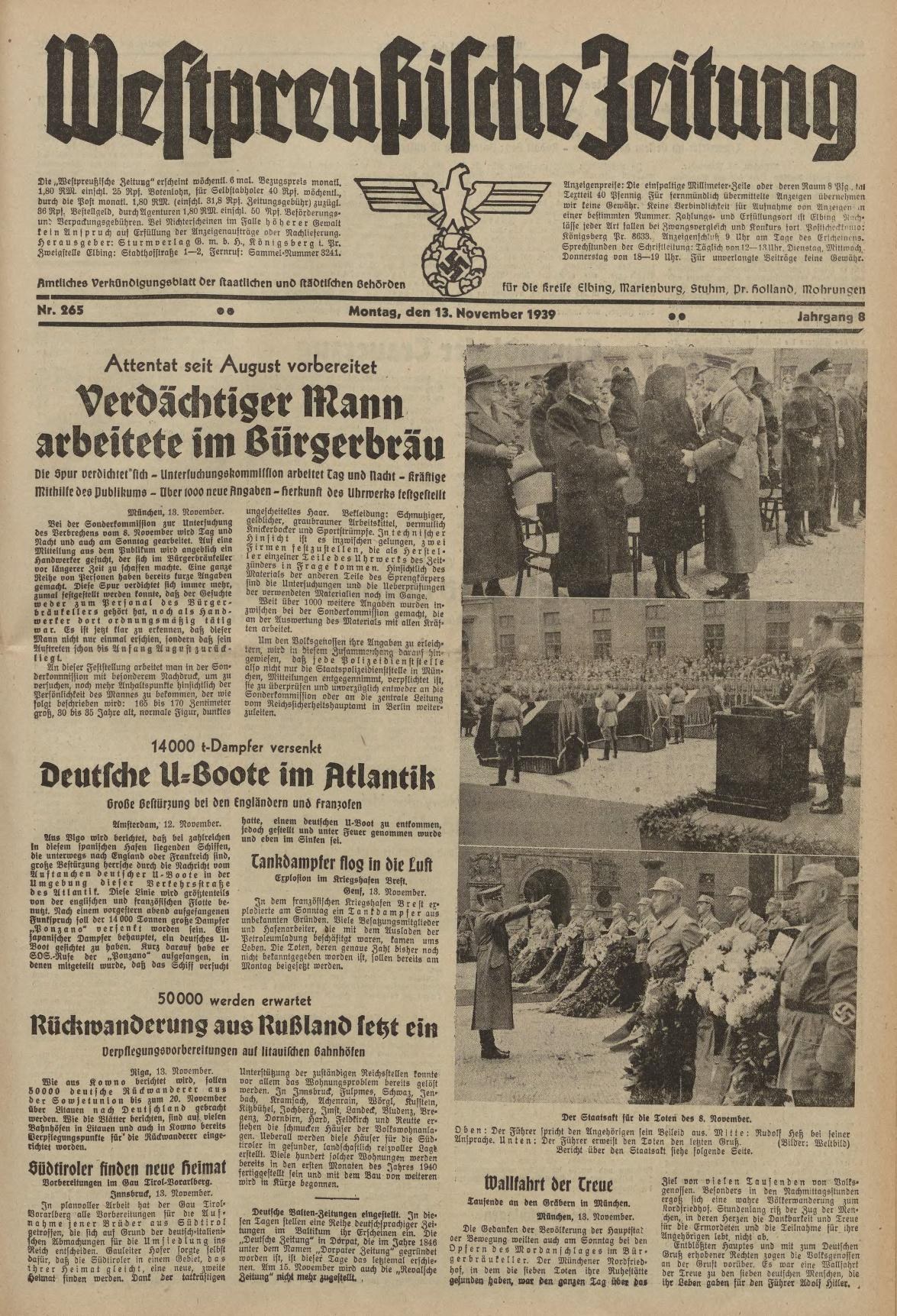 Schwarze-weißer Titelseite einer deutschen Zeitung vom 13. November 1939 mit der Überschrift "Weitpreubliche Zeitung" und einem Foto von Menschen in traditioneller deutscher Tracht beim Feiern.