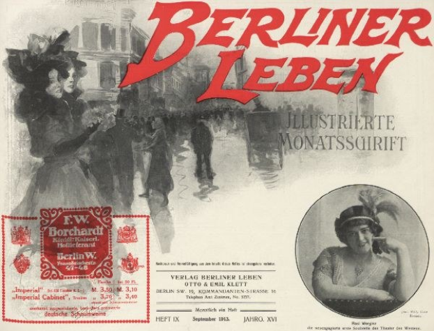 Werbeposter für den Berliner Leben Film mit einer Frau mit Hut und einem Mann im Anzug, Text, Stempel, einigen Menschen und einem Geb├Ąude im Hintergrund.