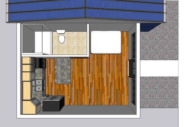 Grundriss eines Tiny Houses mit Küche und Wohnzimmerbereich, einschließlich Toilettensitz, Waschbecken, Schränken und anderen Einrichtungsgegenständen.