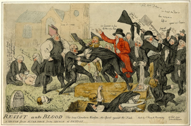 Ein Cartoon von einer Menge mit einigen, die Fahnen halten, einem Gebäude im Hintergrund und einem Text unten, der "Resist unto Blood: The True Christian Warfare" lautet.