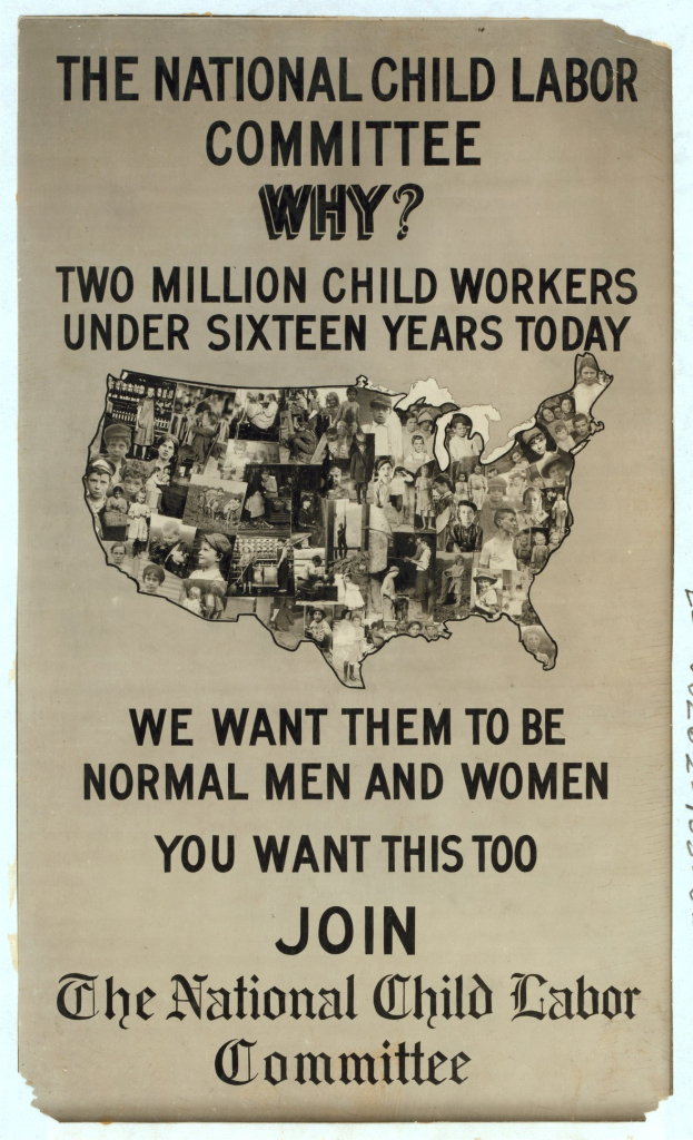 Plakat mit der Aufschrift "Das Nationale Komitee zur Bekämpfung der Kinderarbeit: Warum? Zweieinhalb Millionen Kinderarbeiter unter sechzehn Jahren heute" mit einer USA-Karte und Illustrationen von Komiteemitgliedern.